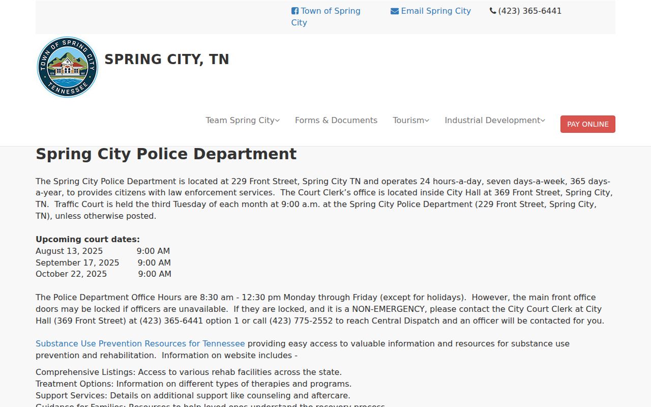 Spring City criminal records police and traffic court information